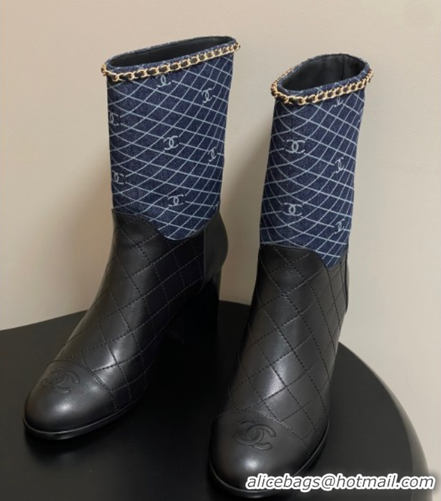 Pretty Style Chanel Quilted Calfskin & Denim Ankle Boots 6cm with Chain Black/Navy Blue 2025 CH083009