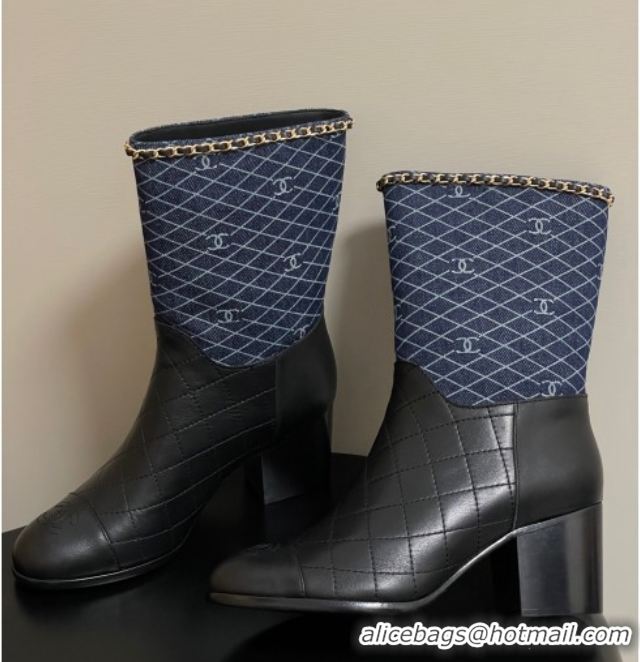 Pretty Style Chanel Quilted Calfskin & Denim Ankle Boots 6cm with Chain Black/Navy Blue 2025 CH083009