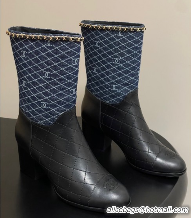 Pretty Style Chanel Quilted Calfskin & Denim Ankle Boots 6cm with Chain Black/Navy Blue 2025 CH083009