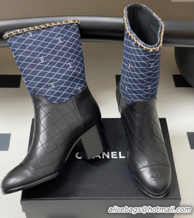 Pretty Style Chanel Quilted Calfskin & Denim Ankle Boots 6cm with Chain Black/Navy Blue 2025 CH083009