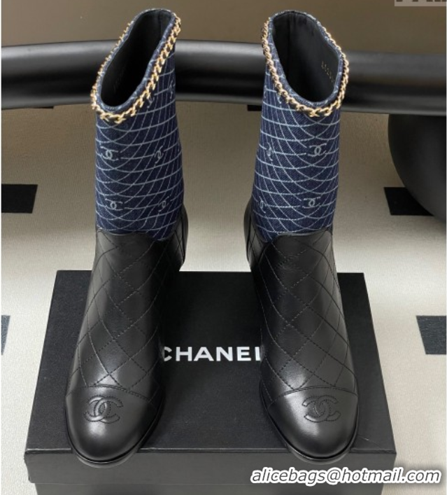 Pretty Style Chanel Quilted Calfskin & Denim Ankle Boots 6cm with Chain Black/Navy Blue 2025 CH083009
