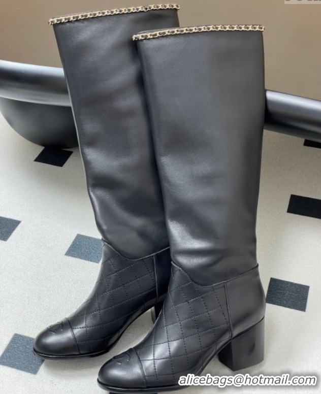 Unique Style Chanel Quilted Calfskin & Leather High Boots 6cm with Chain Black 2025 CH083009