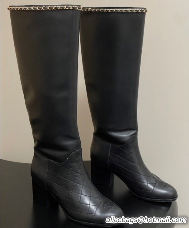 Unique Style Chanel Quilted Calfskin & Leather High Boots 6cm with Chain Black 2025 CH083009