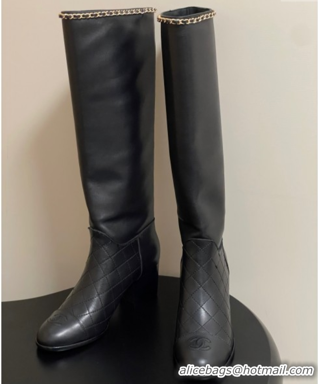 Unique Style Chanel Quilted Calfskin & Leather High Boots 6cm with Chain Black 2025 CH083009