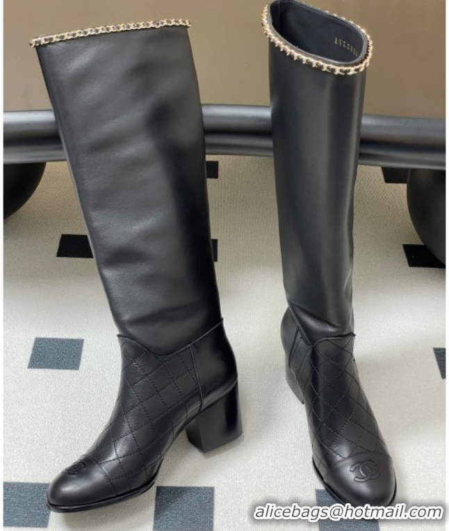 Unique Style Chanel Quilted Calfskin & Leather High Boots 6cm with Chain Black 2025 CH083009