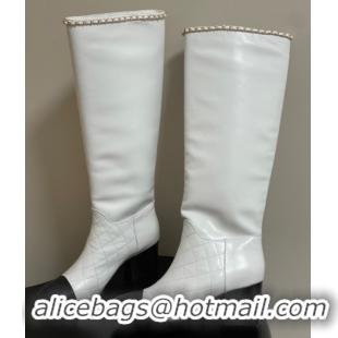 Good Product Chanel Quilted Calfskin & Leather High Boots 6cm with Chain White 2025 CH083009