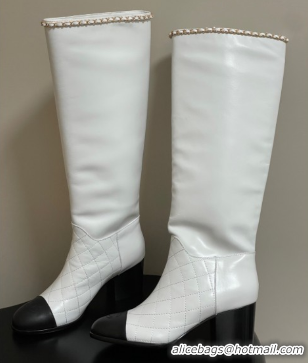 Good Product Chanel Quilted Calfskin & Leather High Boots 6cm with Chain White 2025 CH083009