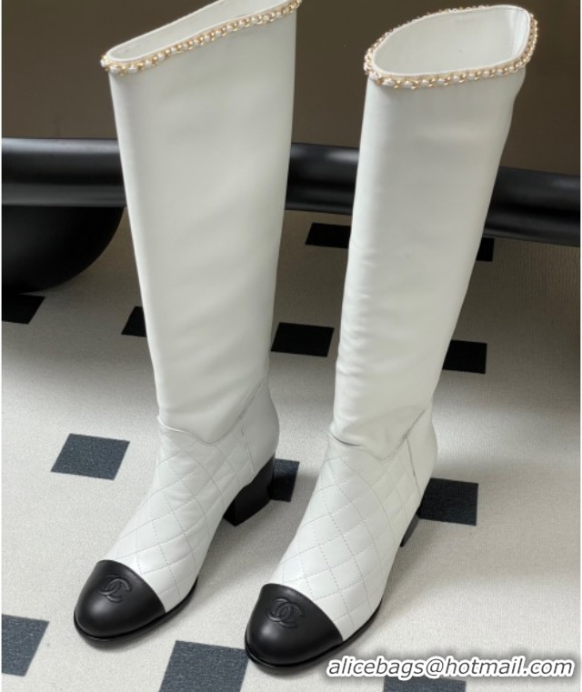 Good Product Chanel Quilted Calfskin & Leather High Boots 6cm with Chain White 2025 CH083009