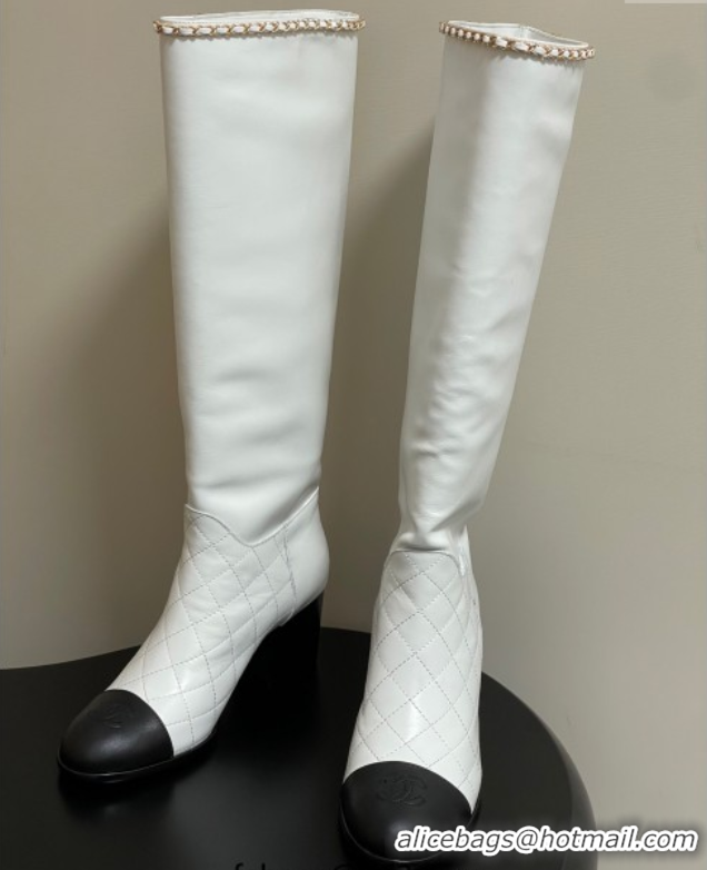 Good Product Chanel Quilted Calfskin & Leather High Boots 6cm with Chain White 2025 CH083009