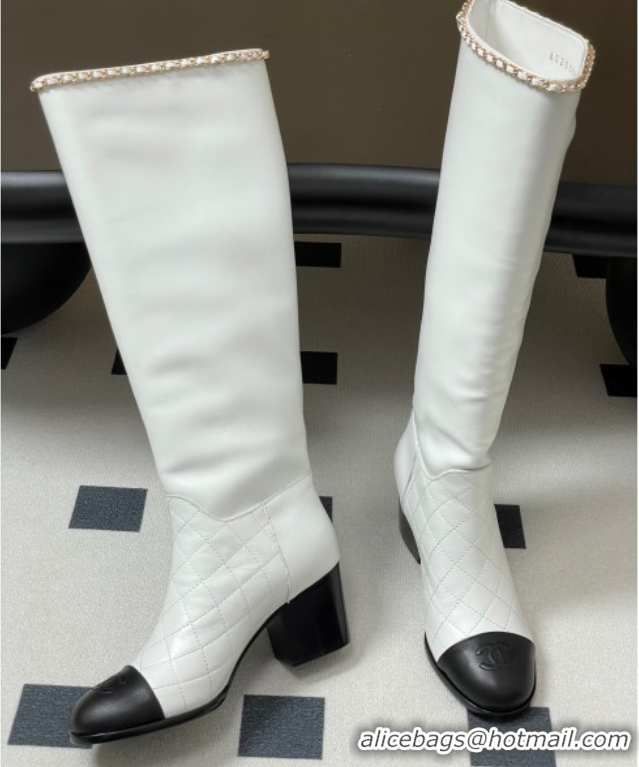 Good Product Chanel Quilted Calfskin & Leather High Boots 6cm with Chain White 2025 CH083009
