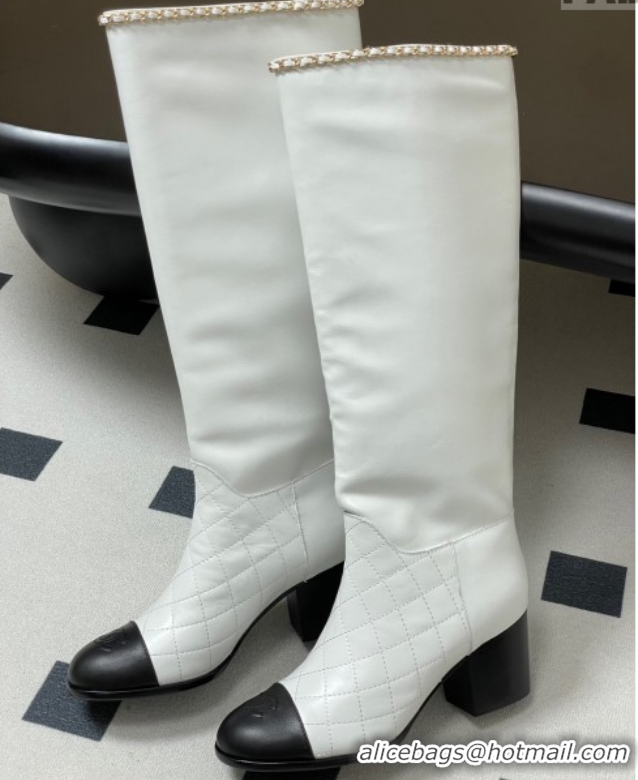 Good Product Chanel Quilted Calfskin & Leather High Boots 6cm with Chain White 2025 CH083009
