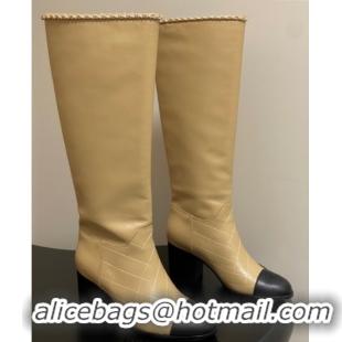 Best Product Chanel Quilted Calfskin & Leather High Boots 6cm with Chain Beige 2025 CH083009