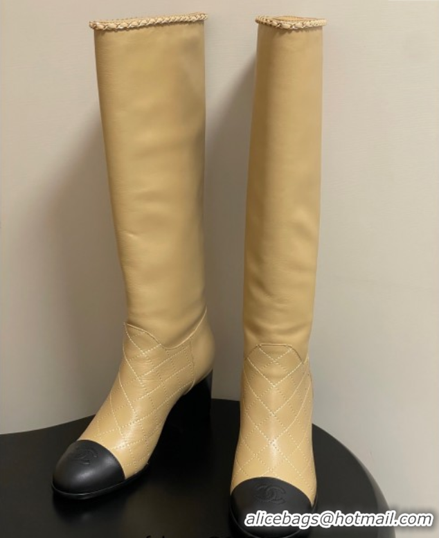 Best Product Chanel Quilted Calfskin & Leather High Boots 6cm with Chain Beige 2025 CH083009