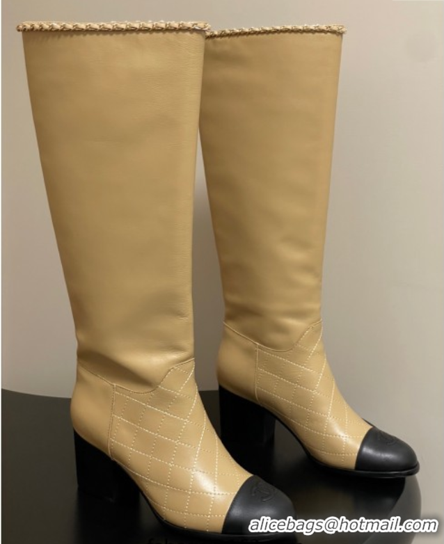 Best Product Chanel Quilted Calfskin & Leather High Boots 6cm with Chain Beige 2025 CH083009