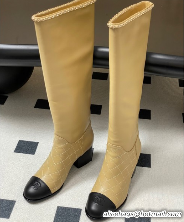 Best Product Chanel Quilted Calfskin & Leather High Boots 6cm with Chain Beige 2025 CH083009
