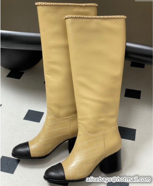 Best Product Chanel Quilted Calfskin & Leather High Boots 6cm with Chain Beige 2025 CH083009