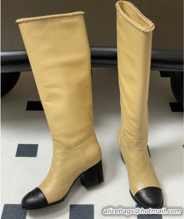 Best Product Chanel Quilted Calfskin & Leather High Boots 6cm with Chain Beige 2025 CH083009