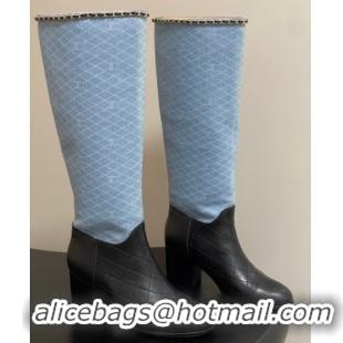 Durable Chanel Quilted Calfskin & Denim High Boots 6cm with Chain Black/Light Blue 2025 CH083009