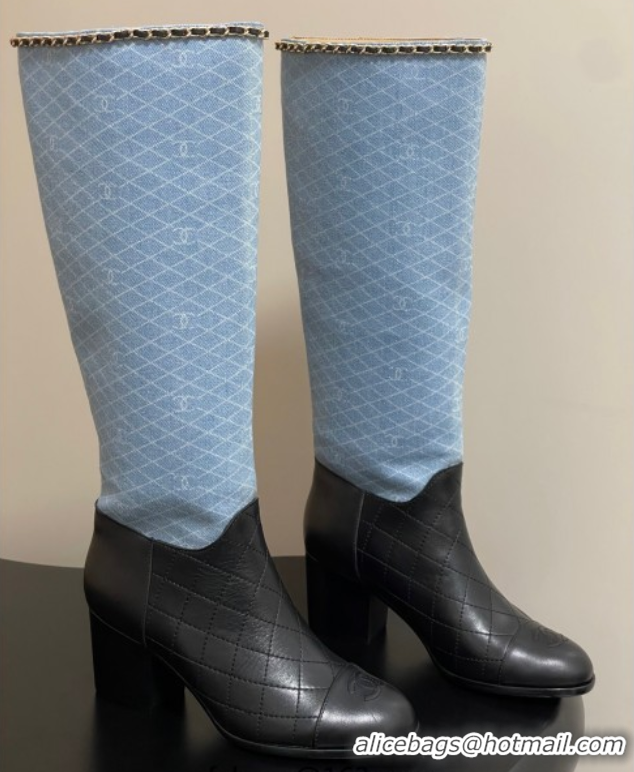 Durable Chanel Quilted Calfskin & Denim High Boots 6cm with Chain Black/Light Blue 2025 CH083009