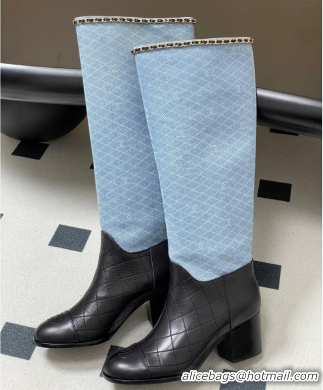Durable Chanel Quilted Calfskin & Denim High Boots 6cm with Chain Black/Light Blue 2025 CH083009