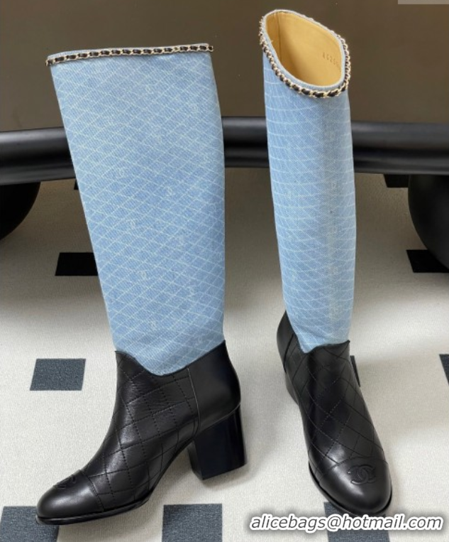Durable Chanel Quilted Calfskin & Denim High Boots 6cm with Chain Black/Light Blue 2025 CH083009