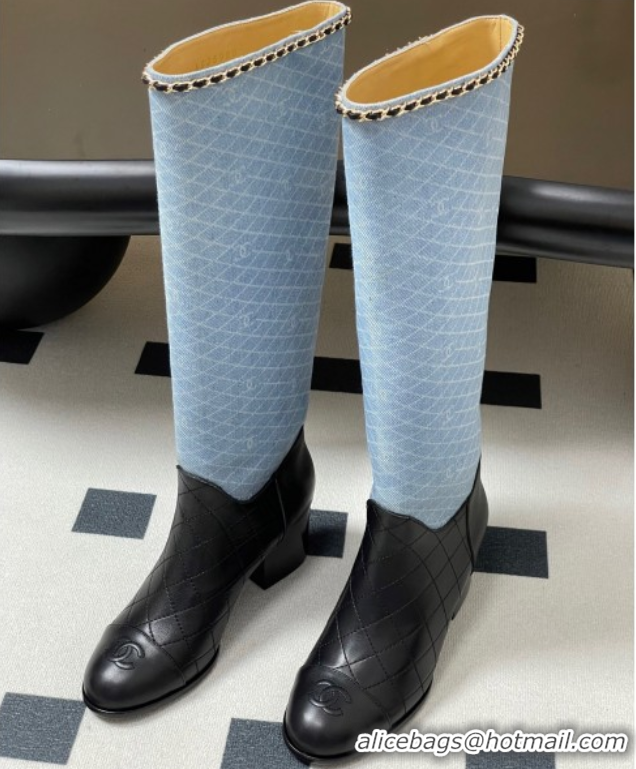Durable Chanel Quilted Calfskin & Denim High Boots 6cm with Chain Black/Light Blue 2025 CH083009