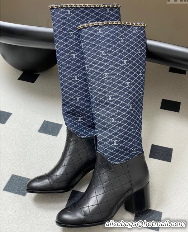 Trendy Design Chanel Quilted Calfskin & Leather High Boots 6cm with Chain Black/Navy Blue 2025 CH083009