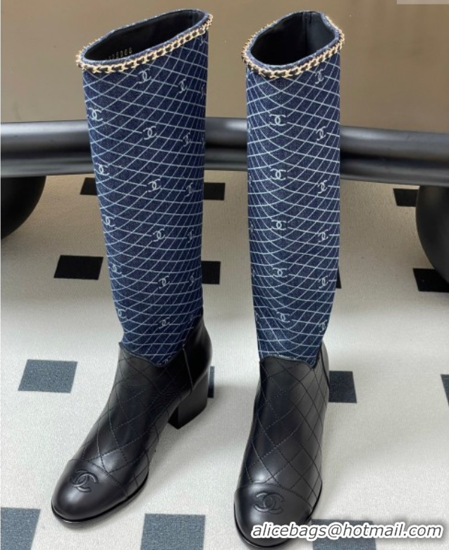 Trendy Design Chanel Quilted Calfskin & Leather High Boots 6cm with Chain Black/Navy Blue 2025 CH083009