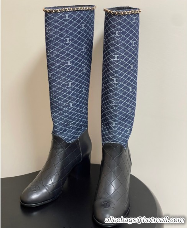 Trendy Design Chanel Quilted Calfskin & Leather High Boots 6cm with Chain Black/Navy Blue 2025 CH083009