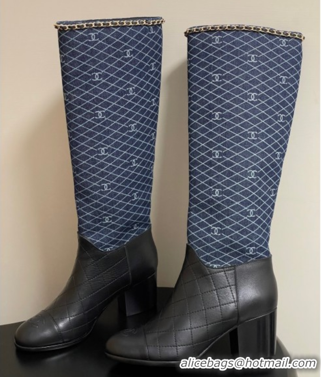 Trendy Design Chanel Quilted Calfskin & Leather High Boots 6cm with Chain Black/Navy Blue 2025 CH083009