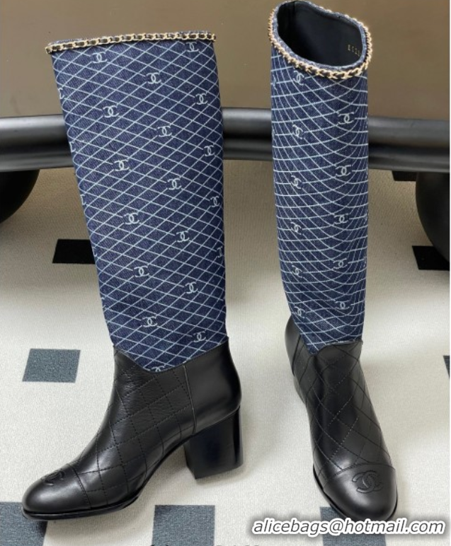 Trendy Design Chanel Quilted Calfskin & Leather High Boots 6cm with Chain Black/Navy Blue 2025 CH083009
