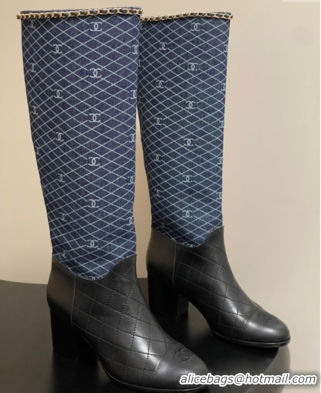 Trendy Design Chanel Quilted Calfskin & Leather High Boots 6cm with Chain Black/Navy Blue 2025 CH083009
