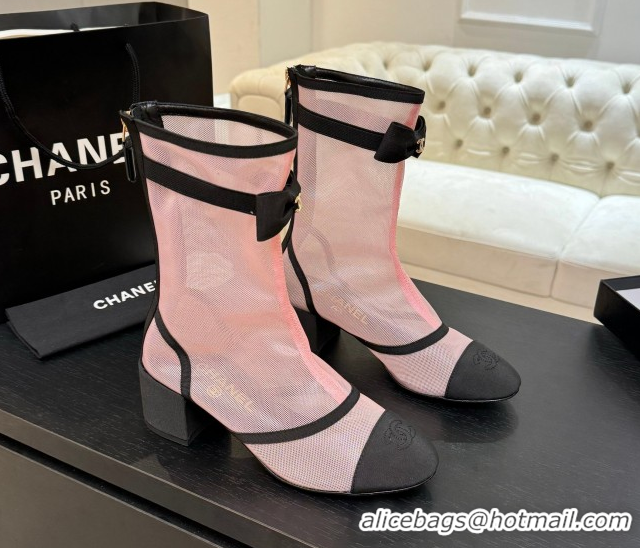 Perfect Chanel Mesh & Grosgrain Heel Ankle Boots 5cm with Bow White/Light Pink G46703