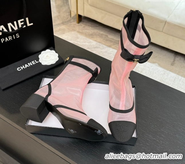 Perfect Chanel Mesh & Grosgrain Heel Ankle Boots 5cm with Bow White/Light Pink G46703