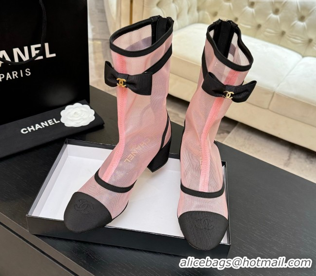 Perfect Chanel Mesh & Grosgrain Heel Ankle Boots 5cm with Bow White/Light Pink G46703