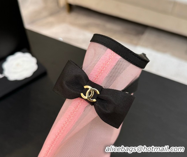 Perfect Chanel Mesh & Grosgrain Heel Ankle Boots 5cm with Bow White/Light Pink G46703
