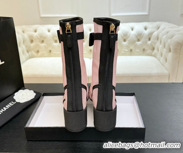Perfect Chanel Mesh & Grosgrain Heel Ankle Boots 5cm with Bow White/Light Pink G46703