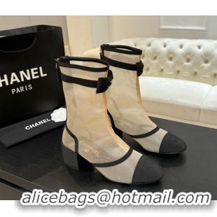 Buy Luxury Chanel Mesh & Grosgrain Heel Ankle Boots 5cm with Bow Beige 2025 G46703