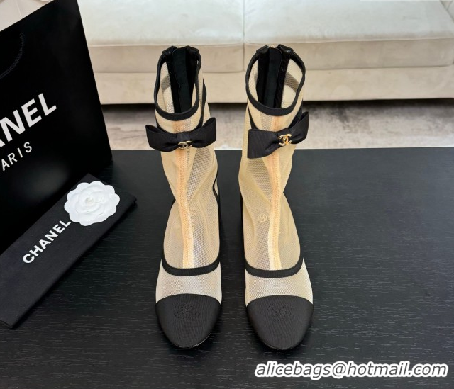Buy Luxury Chanel Mesh & Grosgrain Heel Ankle Boots 5cm with Bow Beige 2025 G46703