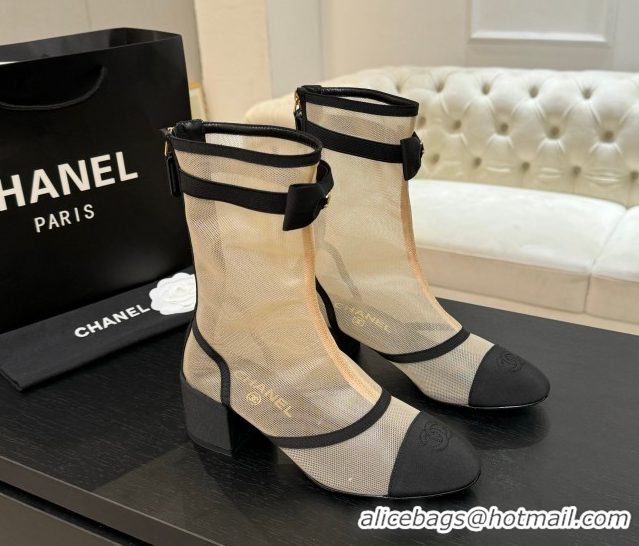 Buy Luxury Chanel Mesh & Grosgrain Heel Ankle Boots 5cm with Bow Beige 2025 G46703