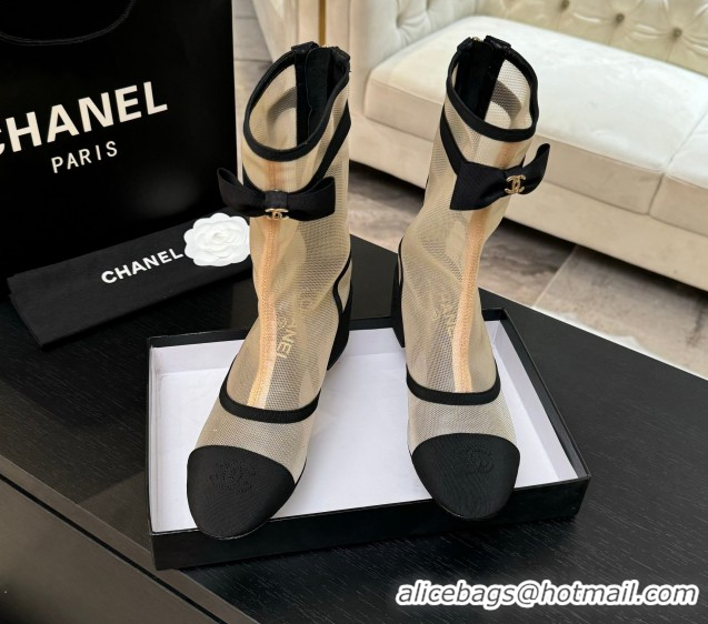 Buy Luxury Chanel Mesh & Grosgrain Heel Ankle Boots 5cm with Bow Beige 2025 G46703