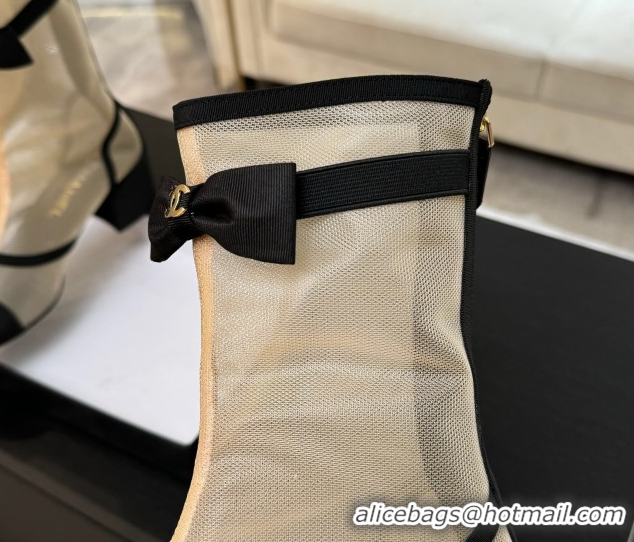Buy Luxury Chanel Mesh & Grosgrain Heel Ankle Boots 5cm with Bow Beige 2025 G46703