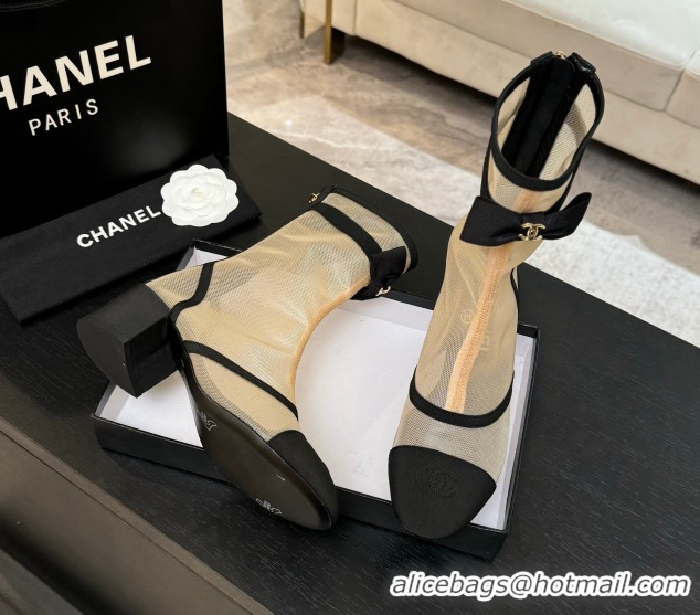 Buy Luxury Chanel Mesh & Grosgrain Heel Ankle Boots 5cm with Bow Beige 2025 G46703