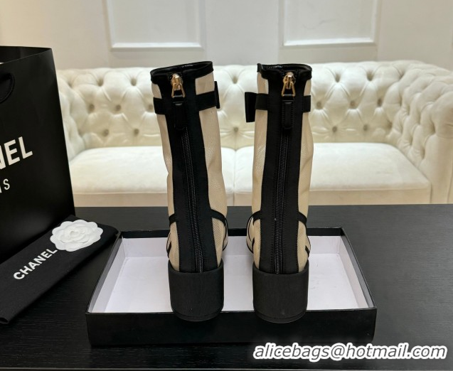 Buy Luxury Chanel Mesh & Grosgrain Heel Ankle Boots 5cm with Bow Beige 2025 G46703