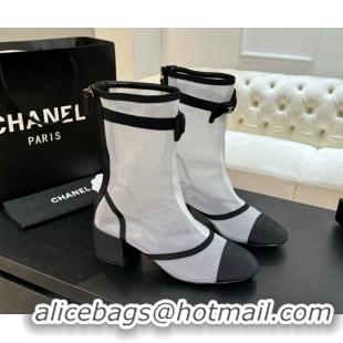 Good Quality Chanel Mesh & Grosgrain Heel Ankle Boots 5cm with Bow White/Black 2025 G46703