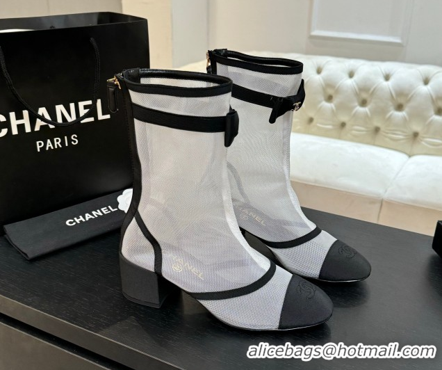 Good Quality Chanel Mesh & Grosgrain Heel Ankle Boots 5cm with Bow White/Black 2025 G46703
