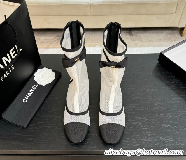 Good Quality Chanel Mesh & Grosgrain Heel Ankle Boots 5cm with Bow White/Black 2025 G46703
