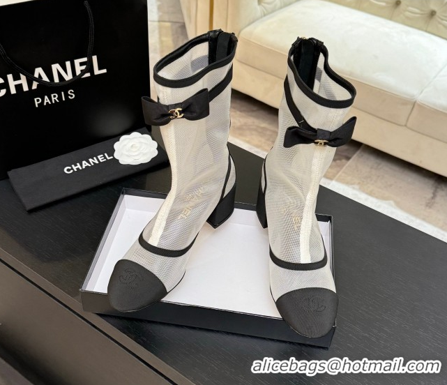 Good Quality Chanel Mesh & Grosgrain Heel Ankle Boots 5cm with Bow White/Black 2025 G46703