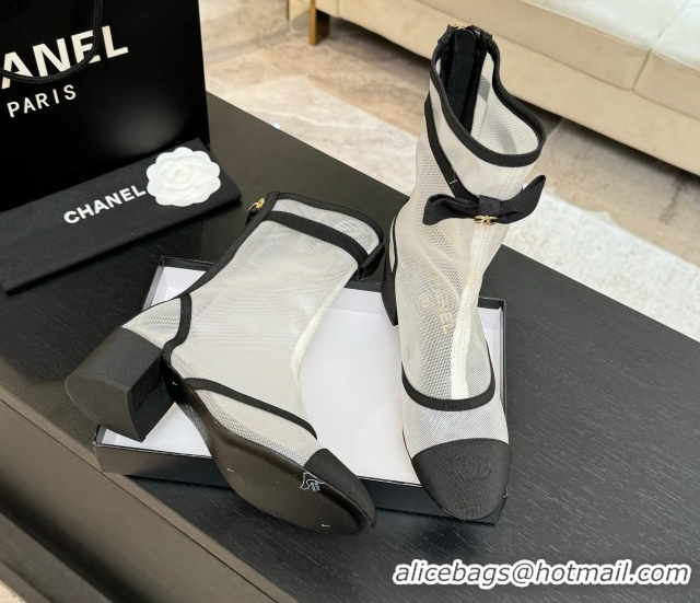 Good Quality Chanel Mesh & Grosgrain Heel Ankle Boots 5cm with Bow White/Black 2025 G46703