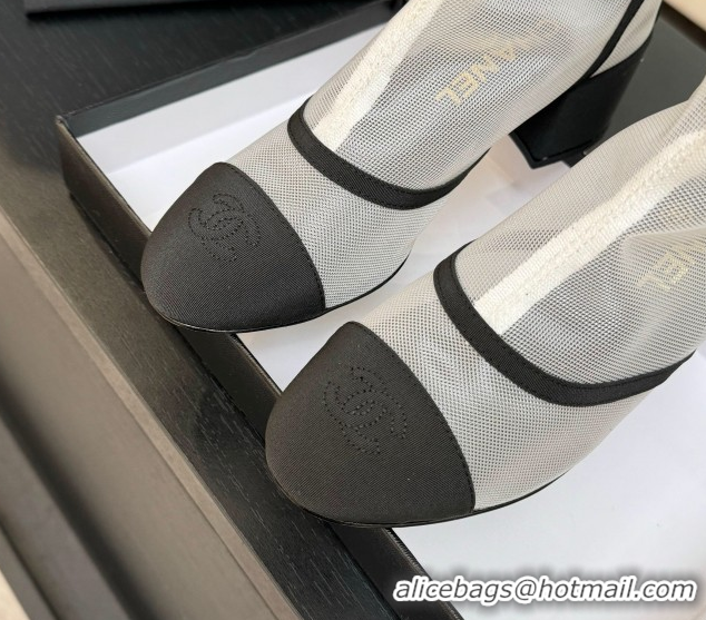 Good Quality Chanel Mesh & Grosgrain Heel Ankle Boots 5cm with Bow White/Black 2025 G46703